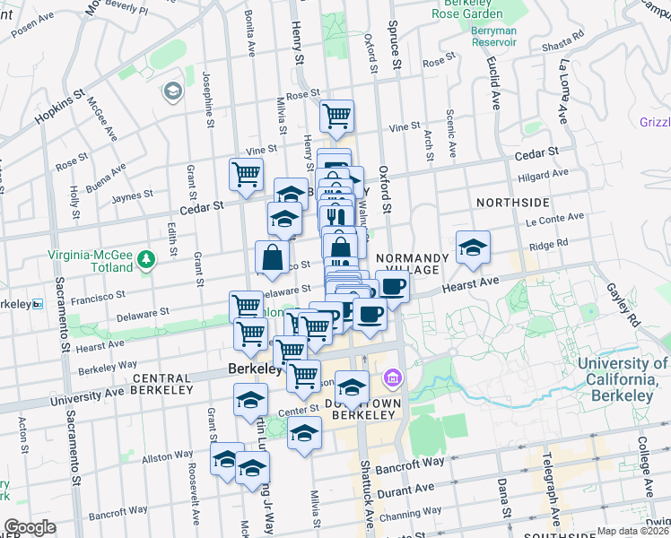 map of restaurants, bars, coffee shops, grocery stores, and more near in Berkeley