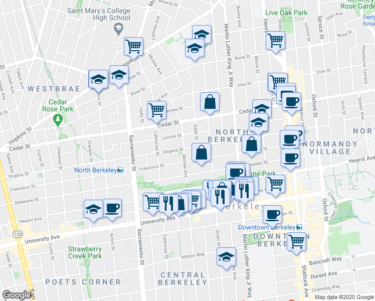 map of restaurants, bars, coffee shops, grocery stores, and more near 1719 Francisco Street in Berkeley