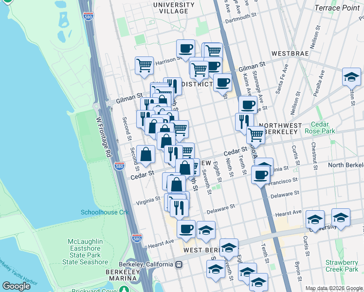 map of restaurants, bars, coffee shops, grocery stores, and more near 800 Jones Street in Berkeley