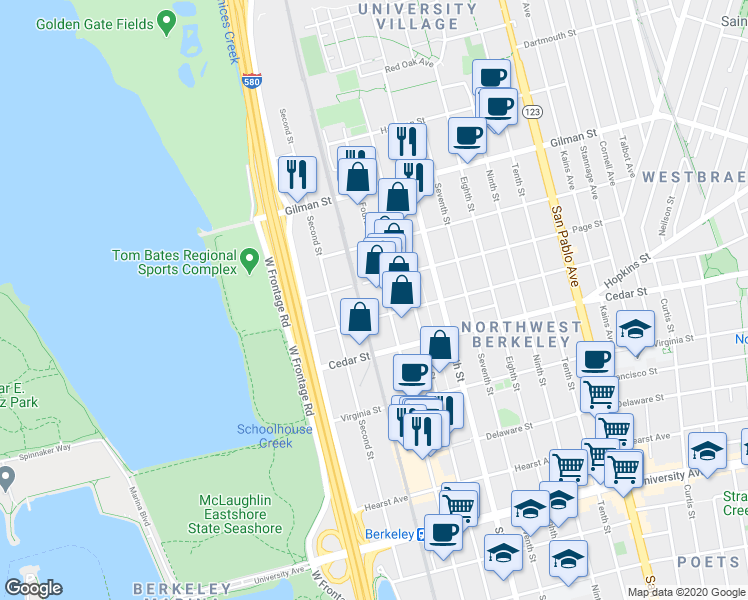 map of restaurants, bars, coffee shops, grocery stores, and more near 1456 Fourth Street in Berkeley