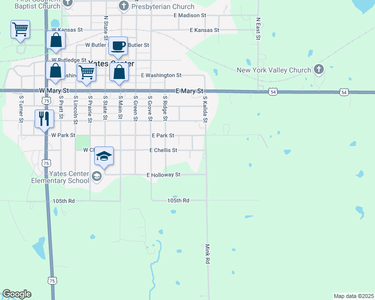 map of restaurants, bars, coffee shops, grocery stores, and more near 504 East Chellis Street in Yates Center
