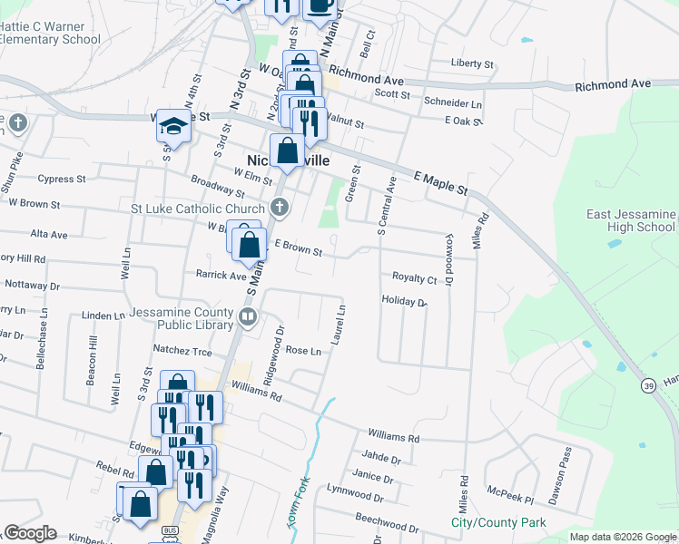map of restaurants, bars, coffee shops, grocery stores, and more near 132 Floyd Court in Nicholasville