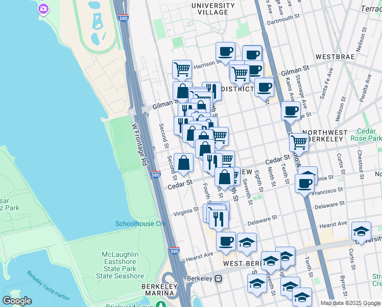 map of restaurants, bars, coffee shops, grocery stores, and more near in Berkeley