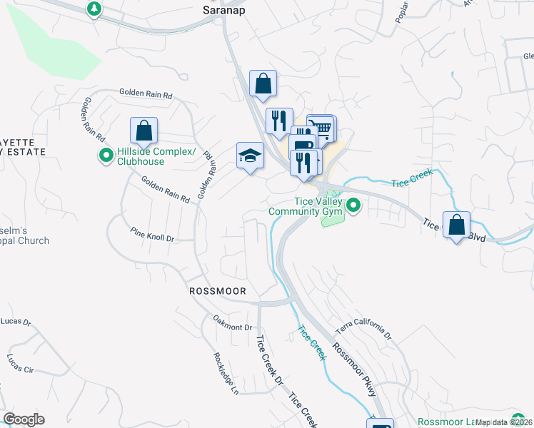 map of restaurants, bars, coffee shops, grocery stores, and more near 1726 Comstock Drive in Walnut Creek