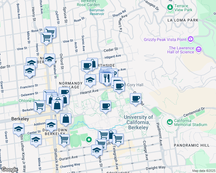 map of restaurants, bars, coffee shops, grocery stores, and more near 1820 Euclid Avenue in Berkeley