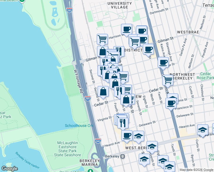 map of restaurants, bars, coffee shops, grocery stores, and more near 1456 Fourth Street in Berkeley