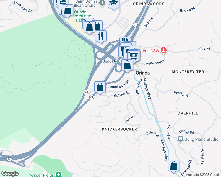 map of restaurants, bars, coffee shops, grocery stores, and more near 50 Brookwood Road in Orinda