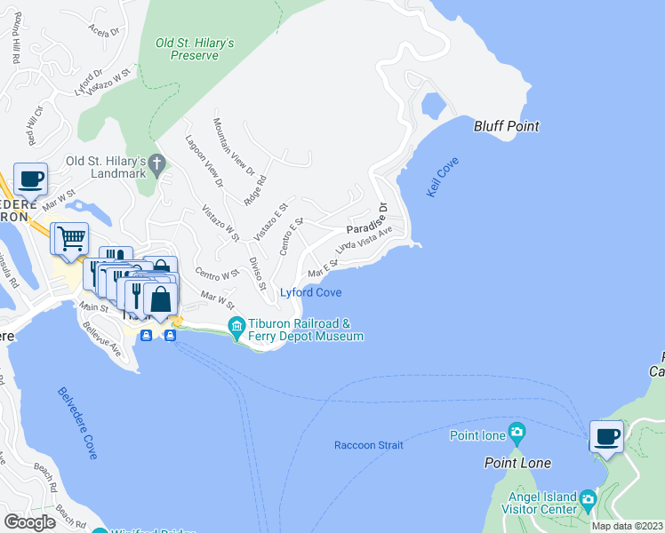 map of restaurants, bars, coffee shops, grocery stores, and more near 2210 Mar East Street in Tiburon