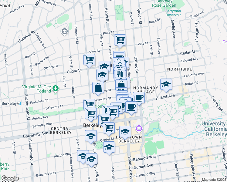 map of restaurants, bars, coffee shops, grocery stores, and more near 2020 Francisco Street in Berkeley