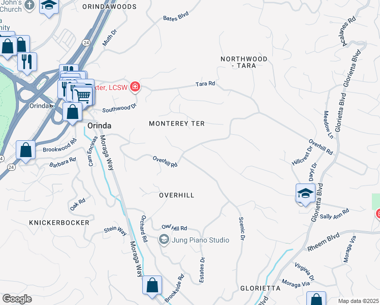 map of restaurants, bars, coffee shops, grocery stores, and more near 102 Overhill Road in Orinda