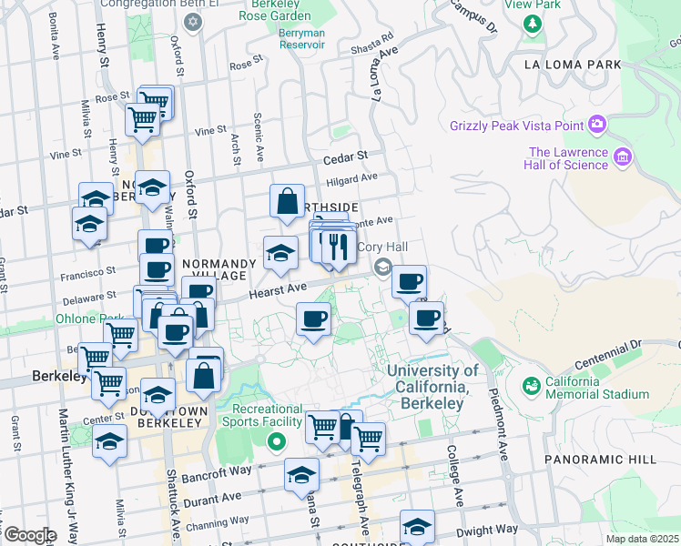 map of restaurants, bars, coffee shops, grocery stores, and more near 1820 Euclid Avenue in Berkeley