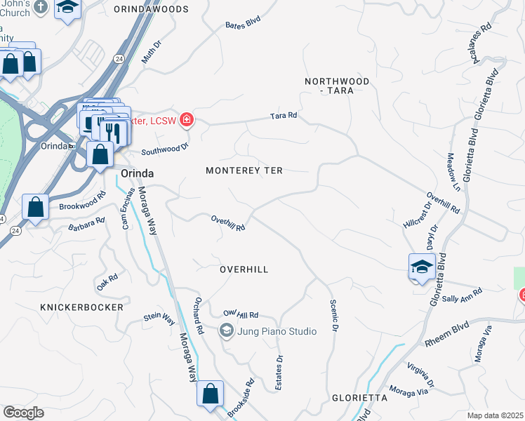 map of restaurants, bars, coffee shops, grocery stores, and more near 102 Overhill Road in Orinda