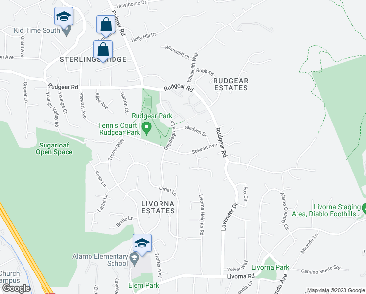 map of restaurants, bars, coffee shops, grocery stores, and more near 2270 Bromfield Court in Walnut Creek