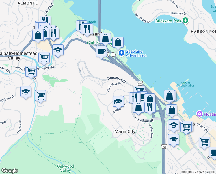 map of restaurants, bars, coffee shops, grocery stores, and more near 65 Buckelew Street in Sausalito