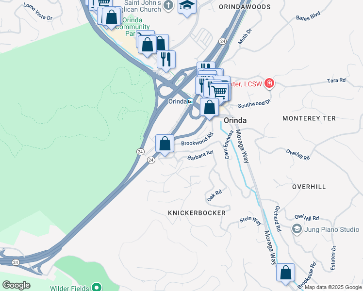 map of restaurants, bars, coffee shops, grocery stores, and more near 50 Brookwood Road in Orinda