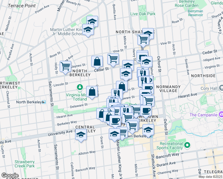 map of restaurants, bars, coffee shops, grocery stores, and more near 1836 Francisco Street in Berkeley