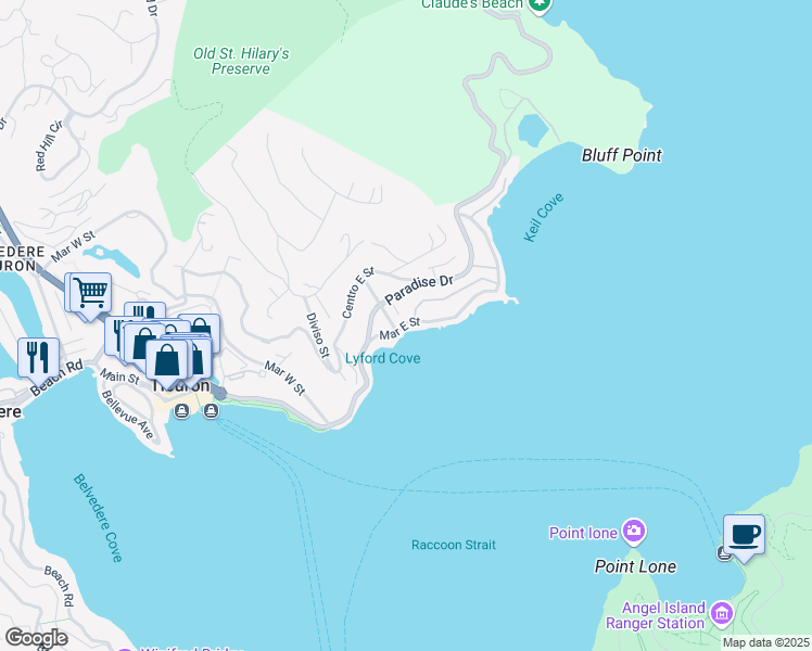 map of restaurants, bars, coffee shops, grocery stores, and more near 2180 Mar East Street in Tiburon