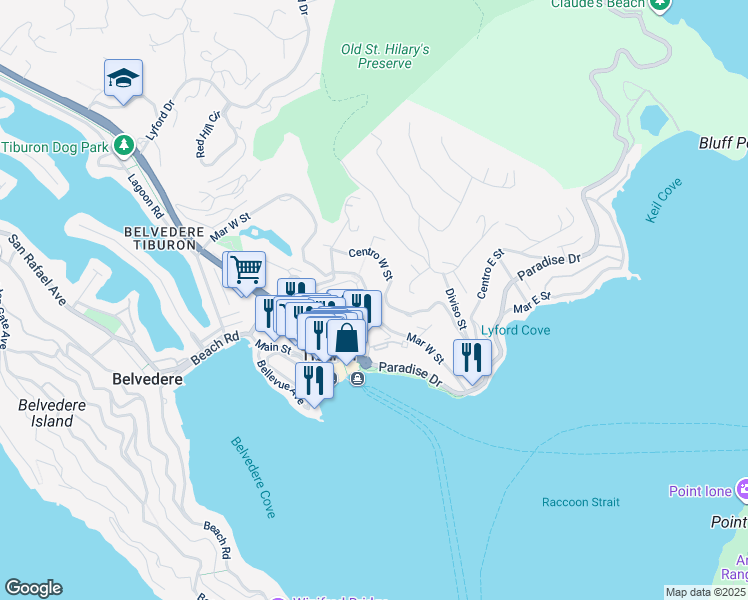 map of restaurants, bars, coffee shops, grocery stores, and more near 1868 Centro West Street in Tiburon