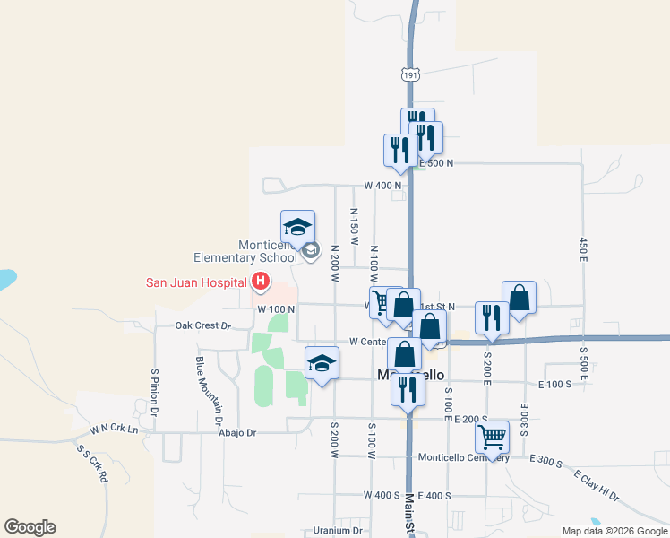 map of restaurants, bars, coffee shops, grocery stores, and more near 197 North 200 West in Monticello