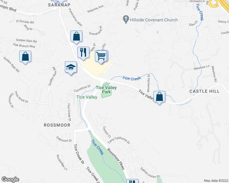 map of restaurants, bars, coffee shops, grocery stores, and more near 2055 Tice Valley Boulevard in Walnut Creek