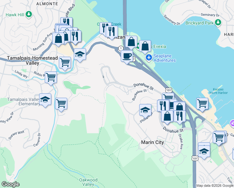 map of restaurants, bars, coffee shops, grocery stores, and more near 32 Braun Court in Sausalito