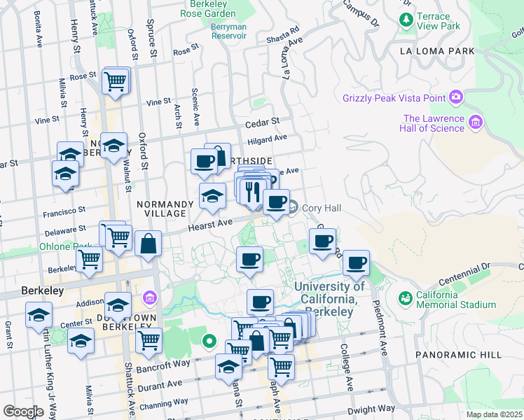 map of restaurants, bars, coffee shops, grocery stores, and more near 2511 Hearst Avenue in Berkeley