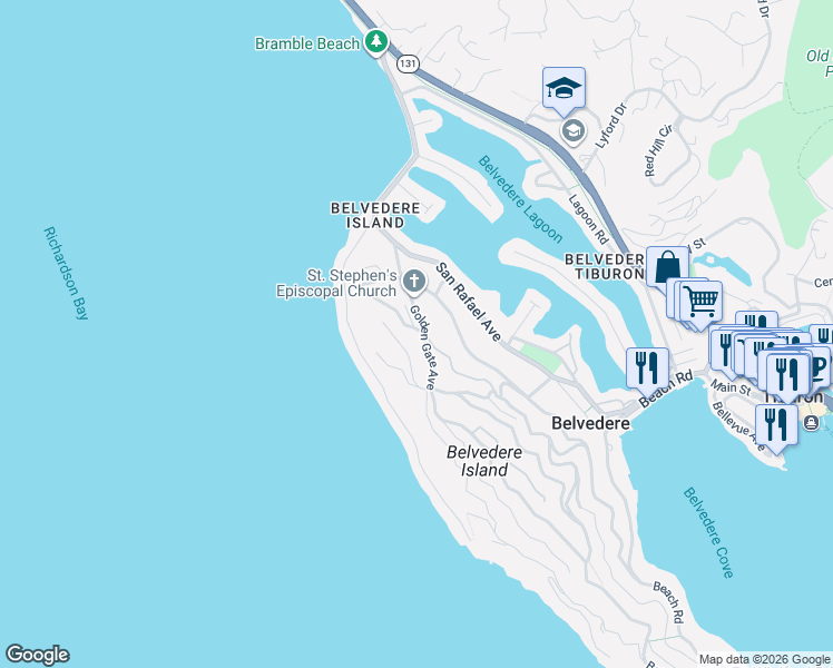 map of restaurants, bars, coffee shops, grocery stores, and more near 27 Tamalpais Avenue in Belvedere Tiburon