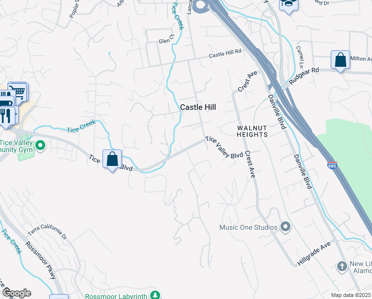 map of restaurants, bars, coffee shops, grocery stores, and more near Tice Valley Blvd & Castle Hill Ranch Rd in Walnut Creek