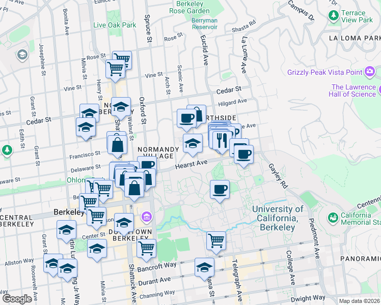 map of restaurants, bars, coffee shops, grocery stores, and more near in Berkeley