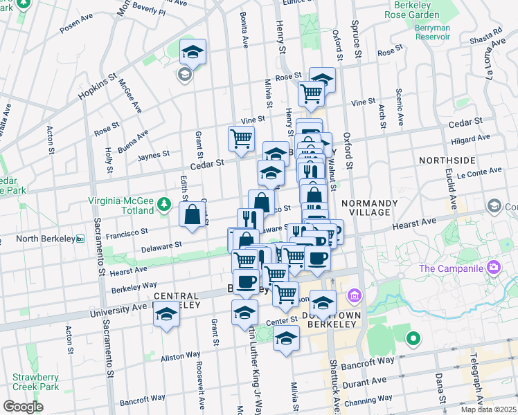 map of restaurants, bars, coffee shops, grocery stores, and more near 1920 Francisco Street in Berkeley