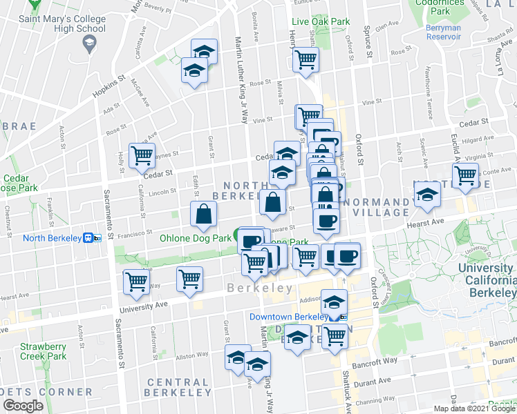map of restaurants, bars, coffee shops, grocery stores, and more near 1920 Francisco Street in Berkeley