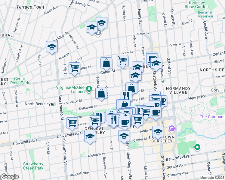 map of restaurants, bars, coffee shops, grocery stores, and more near 1818 Virginia Street in Berkeley