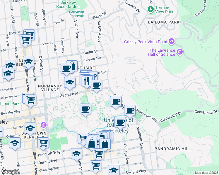 map of restaurants, bars, coffee shops, grocery stores, and more near Hearst Ave & Gayley Rd in Berkeley