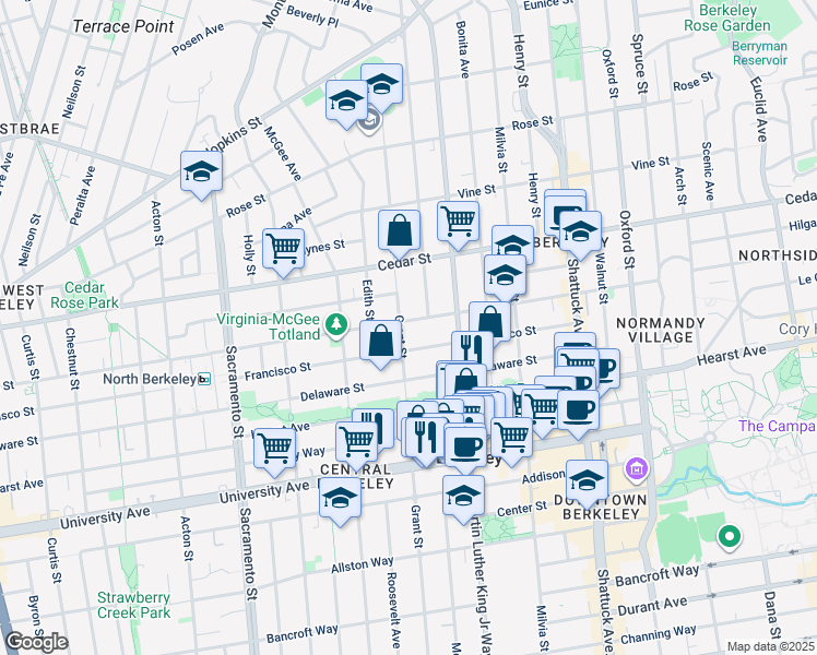 map of restaurants, bars, coffee shops, grocery stores, and more near 1810 Virginia Street in Berkeley