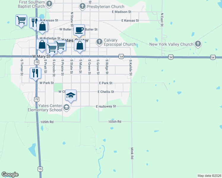 map of restaurants, bars, coffee shops, grocery stores, and more near 700-898 South Ridge Street in Yates Center