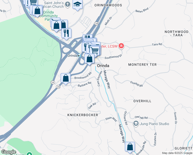 map of restaurants, bars, coffee shops, grocery stores, and more near 100 Underhill Road in Orinda