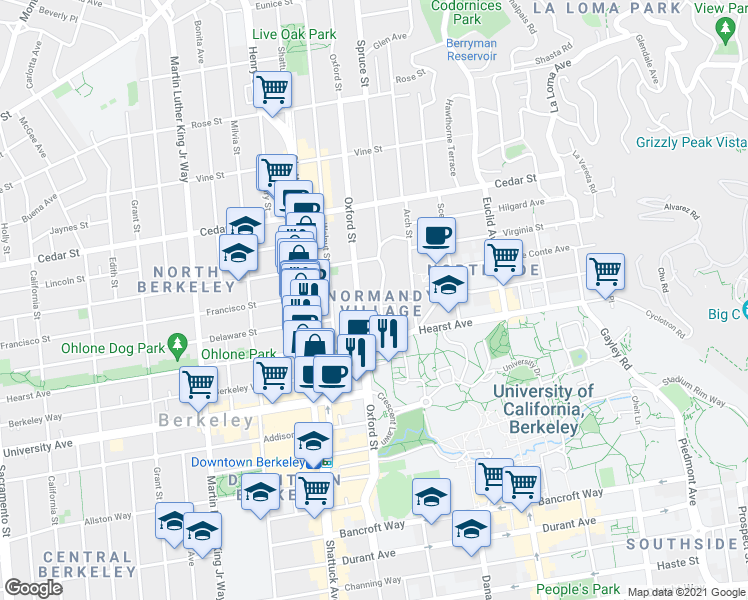 map of restaurants, bars, coffee shops, grocery stores, and more near 1819 Oxford Street in Berkeley