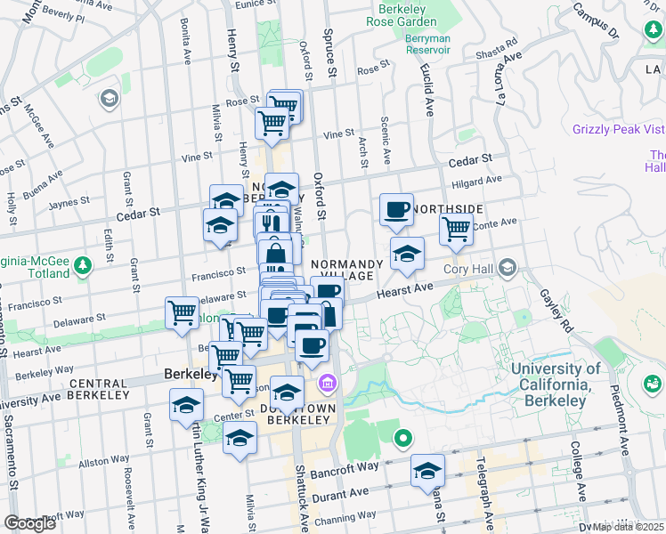 map of restaurants, bars, coffee shops, grocery stores, and more near 1819 Oxford Street in Berkeley
