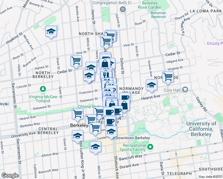 map of restaurants, bars, coffee shops, grocery stores, and more near in Berkeley