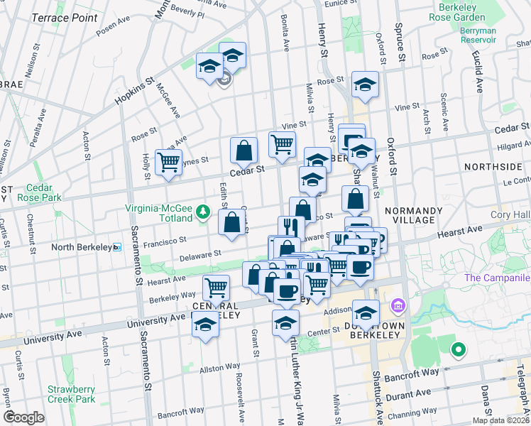 map of restaurants, bars, coffee shops, grocery stores, and more near 1836 Francisco Street in Berkeley