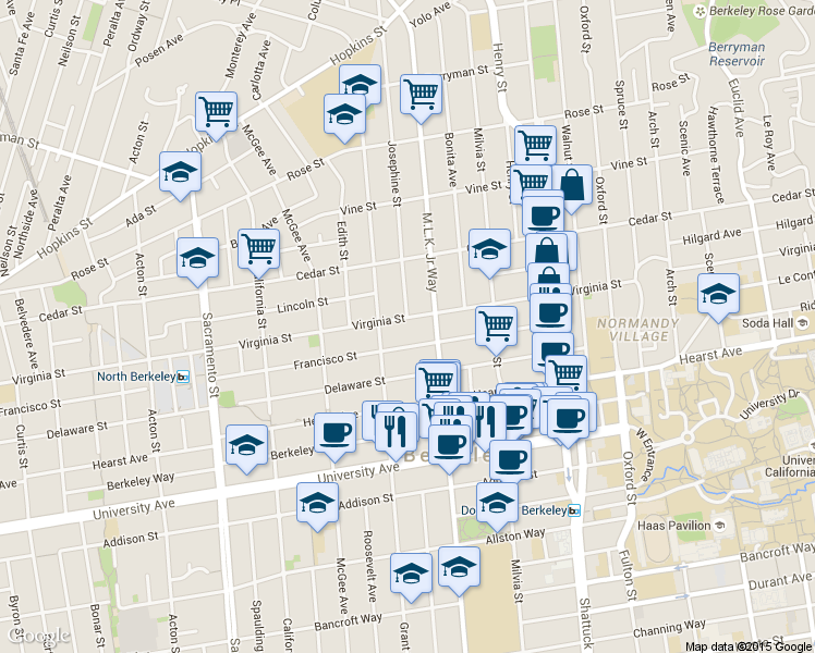 map of restaurants, bars, coffee shops, grocery stores, and more near 1836 Francisco Street in Berkeley