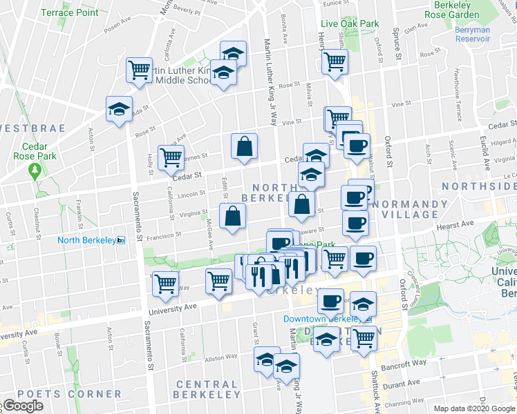 map of restaurants, bars, coffee shops, grocery stores, and more near 1801 Francisco Street in Berkeley