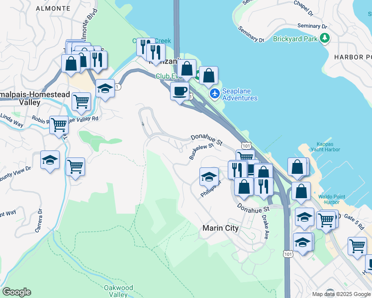map of restaurants, bars, coffee shops, grocery stores, and more near 415 Sherwood Drive in Sausalito