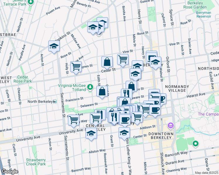map of restaurants, bars, coffee shops, grocery stores, and more near 1810 Virginia Street in Berkeley