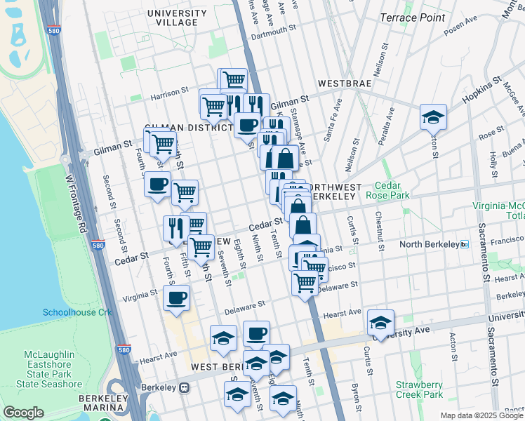 map of restaurants, bars, coffee shops, grocery stores, and more near 999 Cedar Street in Berkeley
