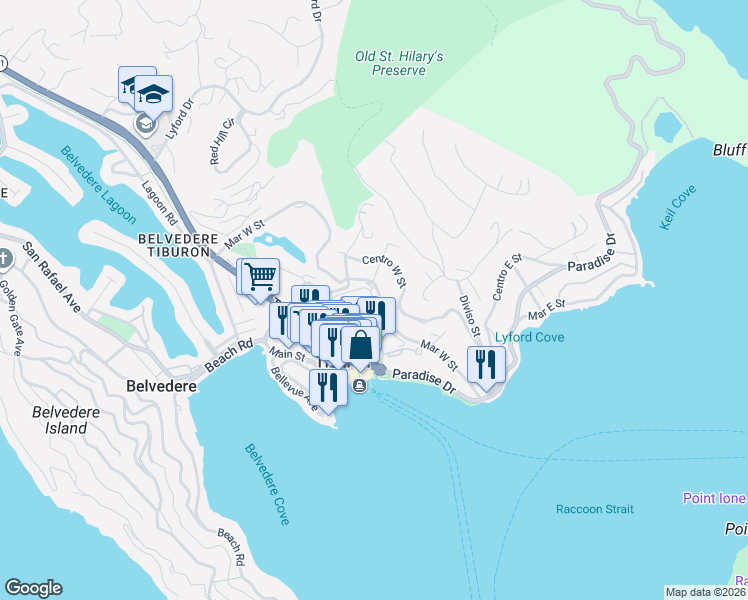 map of restaurants, bars, coffee shops, grocery stores, and more near 43 Lagoon Vista Road in Tiburon