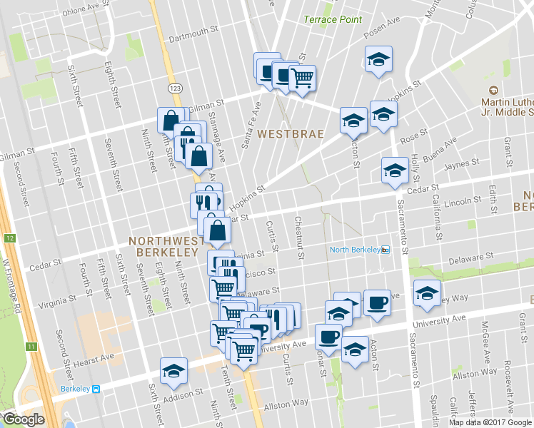 map of restaurants, bars, coffee shops, grocery stores, and more near Cedar Street & Curtis Street in Berkeley
