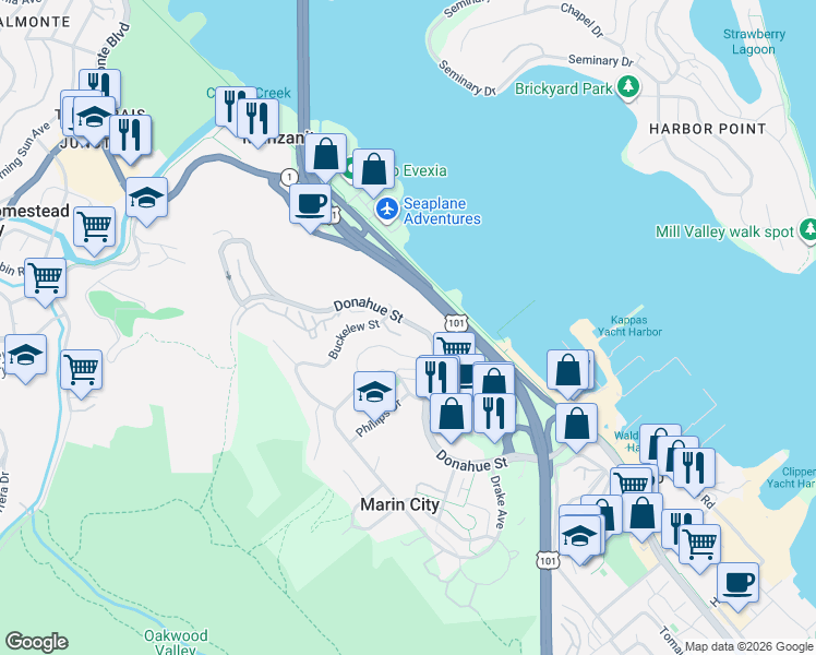 map of restaurants, bars, coffee shops, grocery stores, and more near 123 Buckelew Street in Sausalito