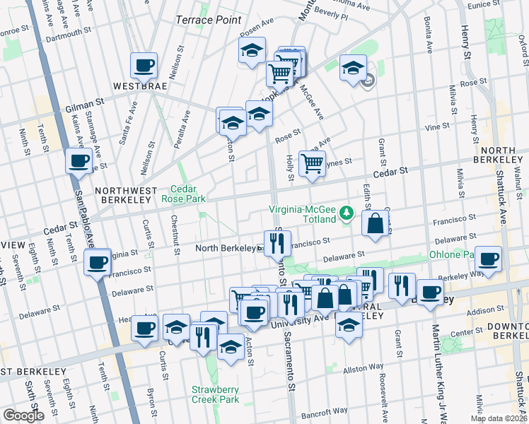 map of restaurants, bars, coffee shops, grocery stores, and more near 1482 Lincoln Street in Berkeley