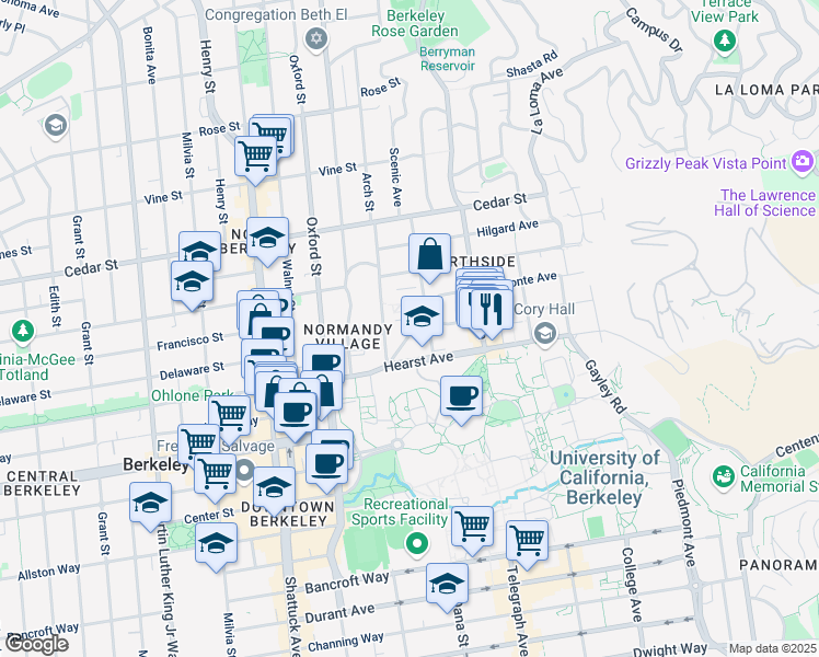 map of restaurants, bars, coffee shops, grocery stores, and more near 2363 Le Conte Avenue in Berkeley